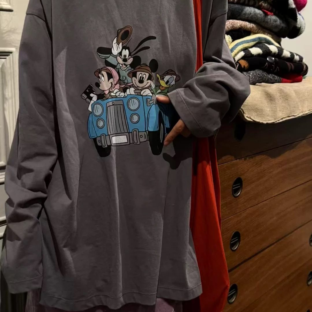 韩系做旧米奇印花大版慵懒t恤