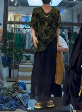 BM正版韩系复古绿色植绒微透圆领短袖t恤女2025小众洋气气质上衣