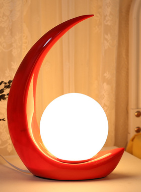 简约现代卧室台灯创意长明灯婚房红色婚庆浪漫装饰卧室床头灯月亮