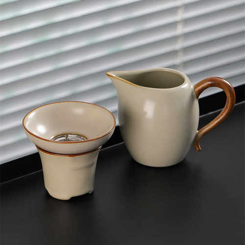 高端米黄茶漏茶漏一体公道杯