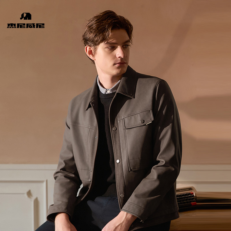 【商场同款】杰尼威尼男士皮衣2025年秋季新款翻领休闲茄克外套