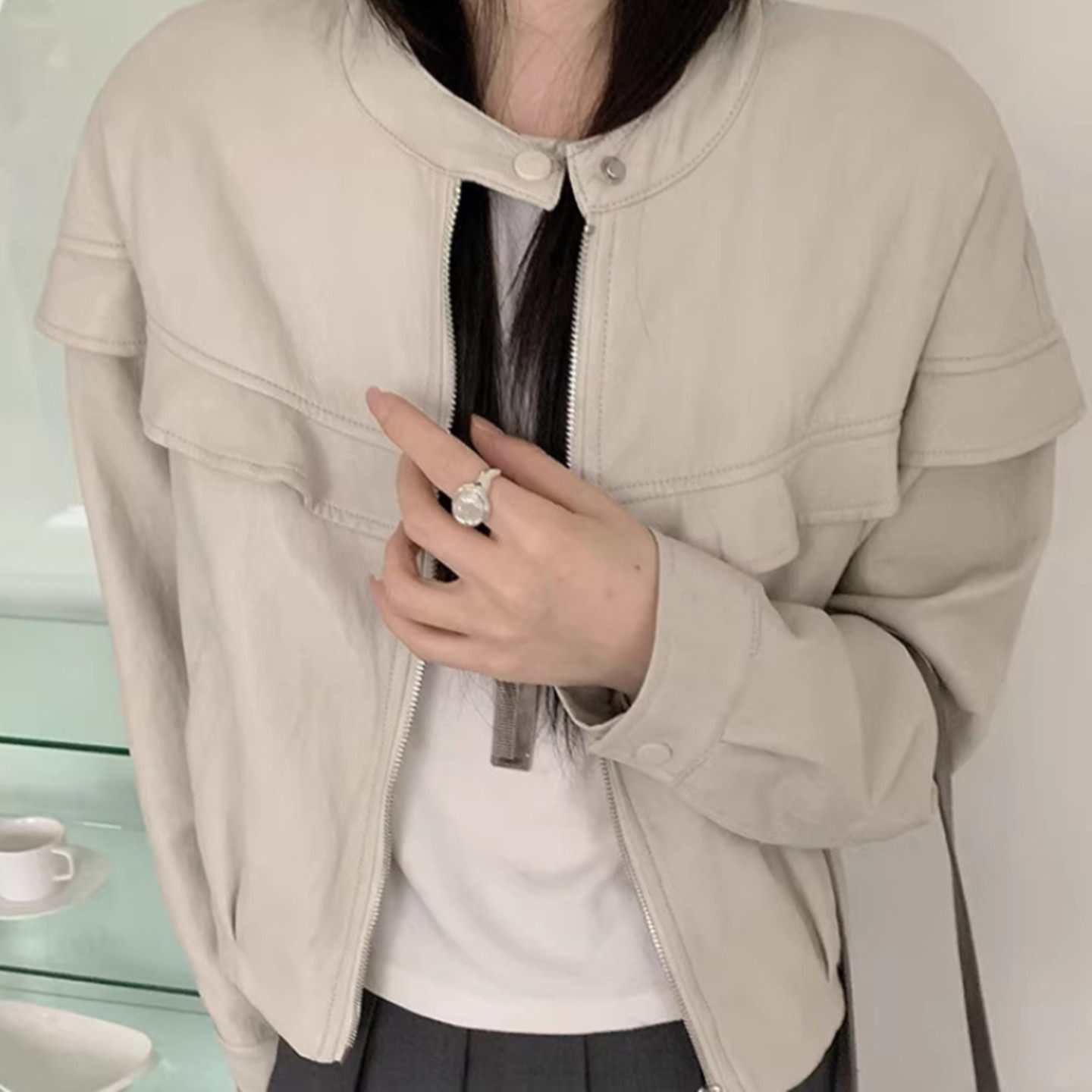 美式超软蛋白皮外套女2026春小个子短款复古荷叶边机车服立领夹克