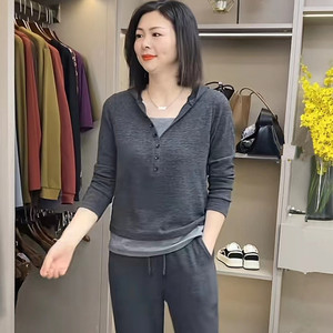 欧洲站休闲运动连帽套装女早秋款上衣吊带背心阔腿裤假三件套装潮