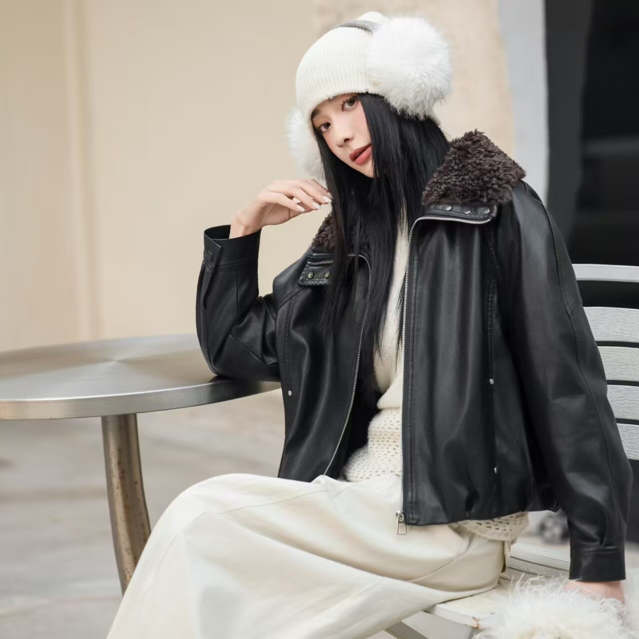 欧版宽松显瘦大毛领PU皮拼接短外套女冬季新款加厚保暖加绒皮衣潮