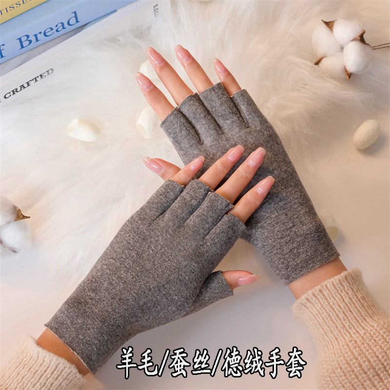 羊毛蚕丝德绒手套女冬加厚加绒