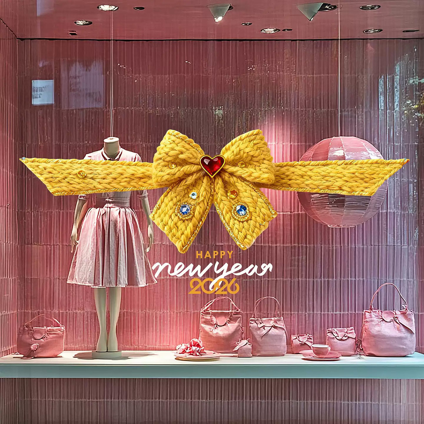 珠宝店蝴蝶结窗花创意毛线针织风格女装店橱窗美陈高级感氛围布置