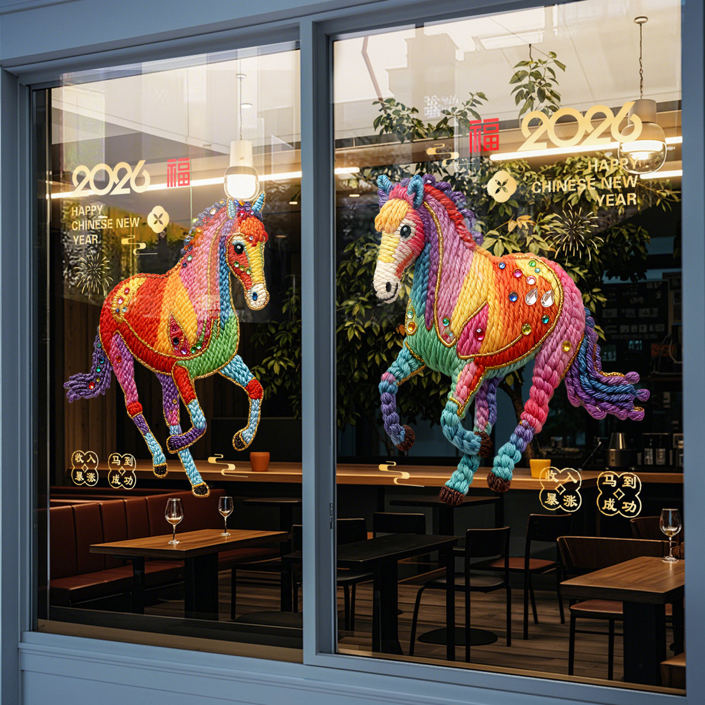 马年窗花七彩骏马毛线针织玻璃贴吉祥春节2026新年窗花贴纸