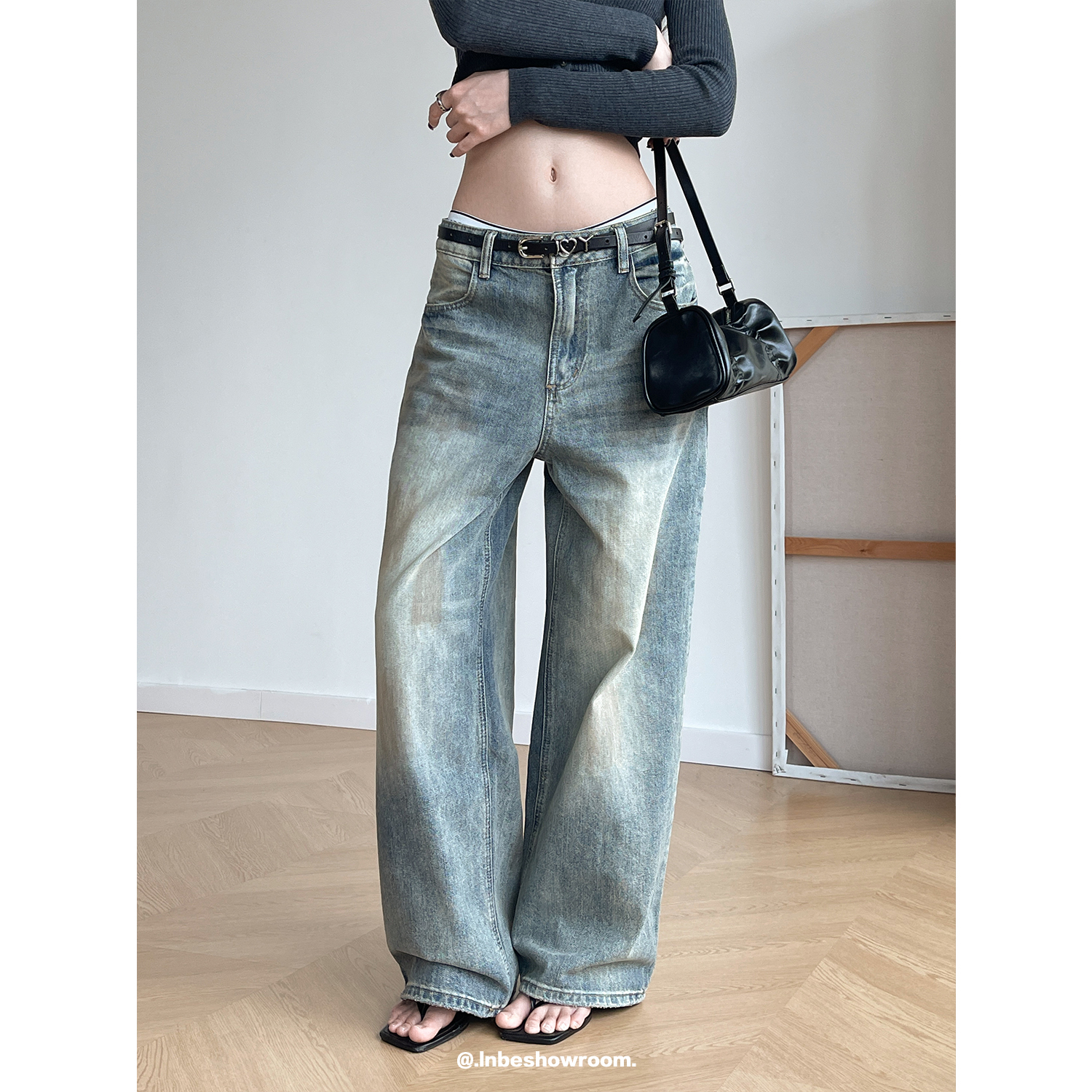 美式泥染擦脏做旧水洗牛仔裤男女