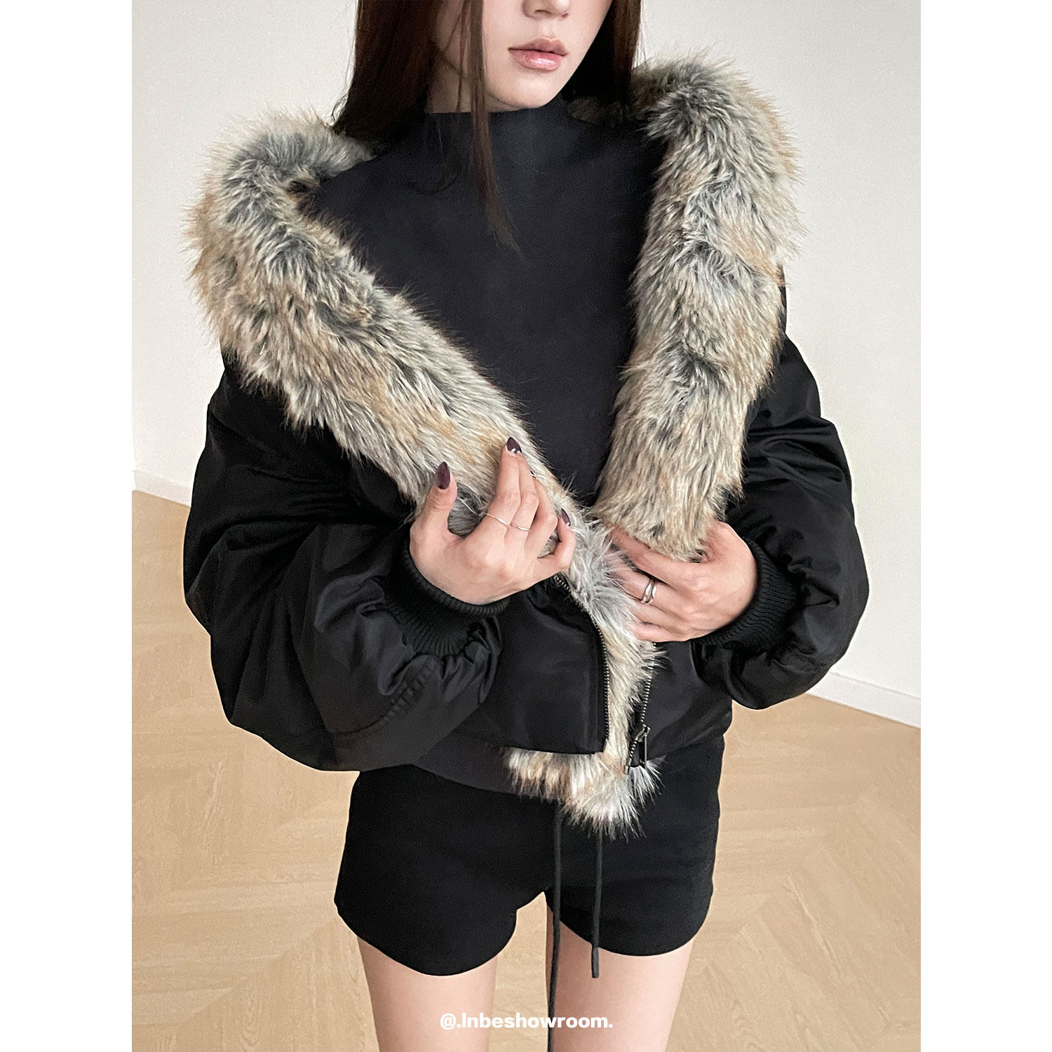 可拆卸皮草毛领廓形棉服飞行夹克