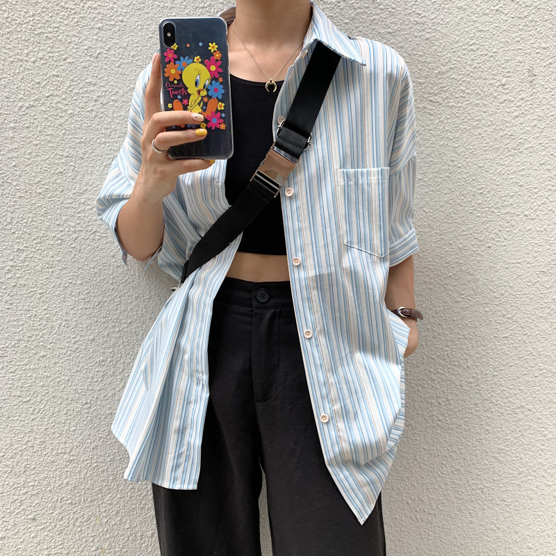 Spring dress new style, college style, loose middle length, Salt Department, handsome, vertical stripe, sunscreen, short sleeve shirt, blouse