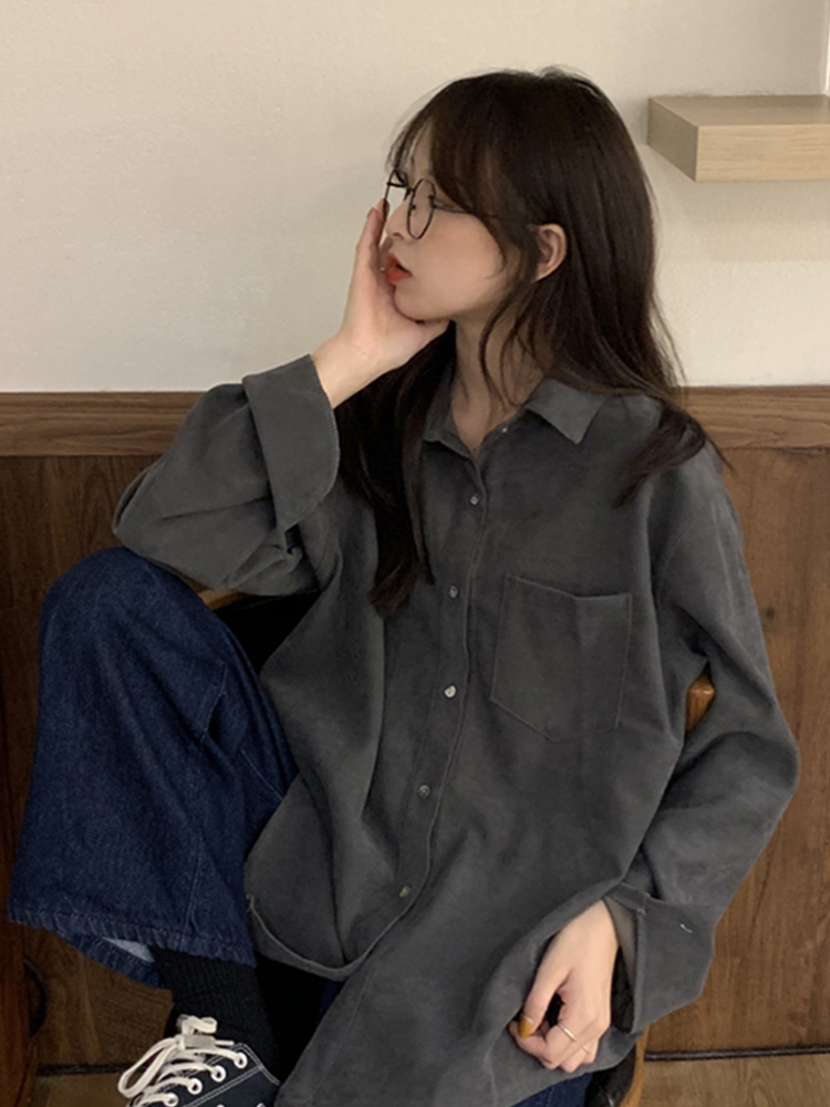 Spring and Autumn New Style Hong Kong style retro corduroy thickened loose medium long style couple Long Sleeve Shirt