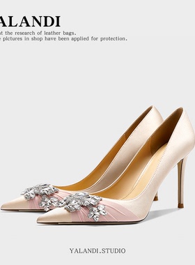 法式网纱水钻花饰缎面香槟色高跟鞋尖头细跟浅口伴娘鞋婚礼宴会鞋