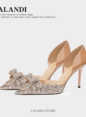 裸色高跟鞋女2026新款气质名媛水钻蝴蝶结中空夏18成年礼尖头细跟