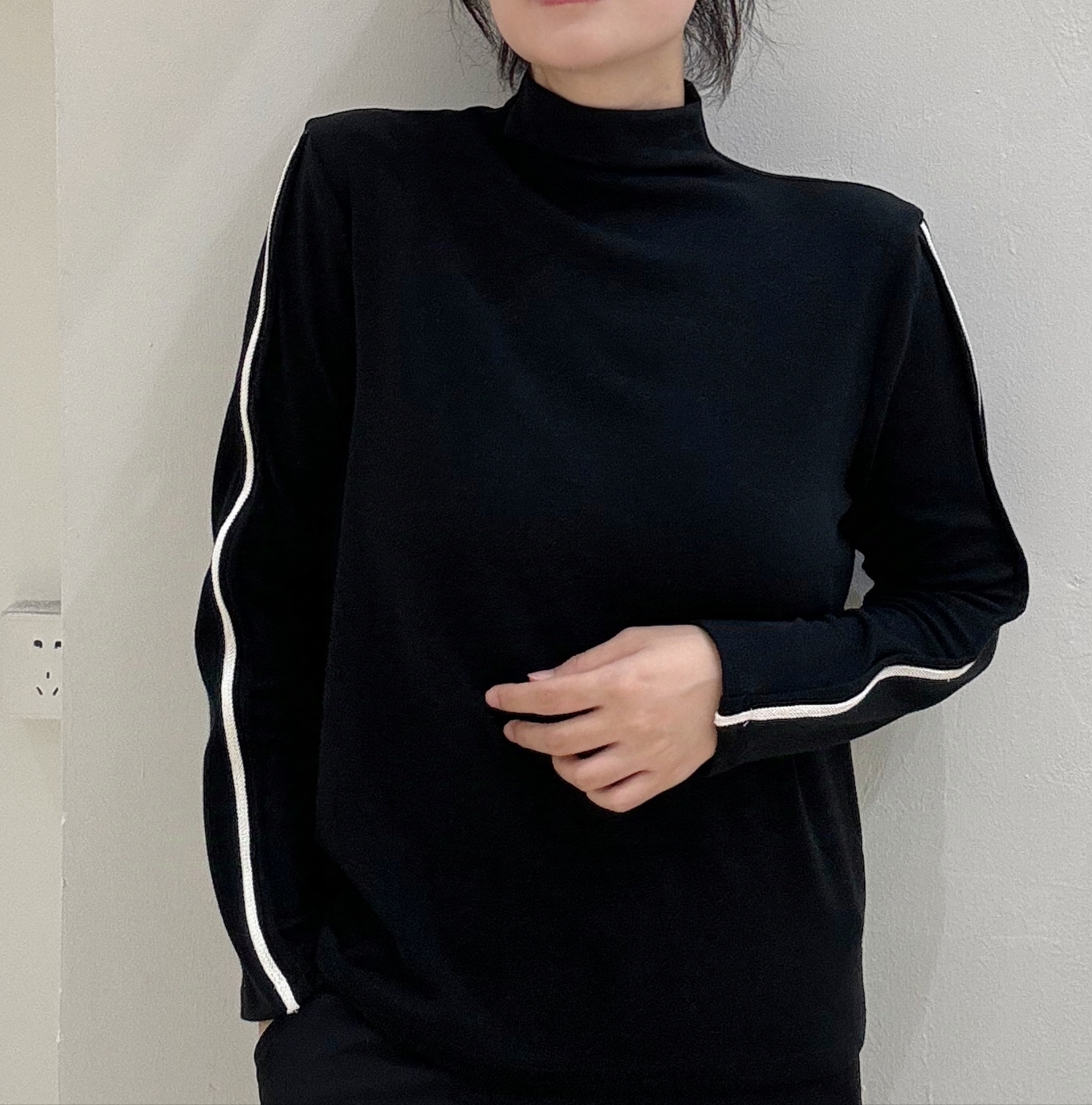 宽松大版弹力羊绒高领织带拼接撞色低调打底女内搭秋冬净色品质高