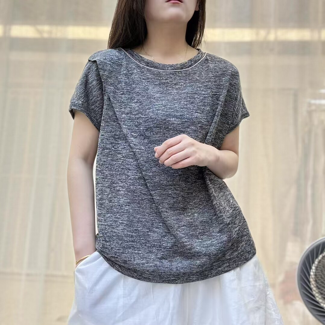 工厂店批短袖t恤女铜珠设计时尚u型领夏韩版银色薄t透气弹力简约