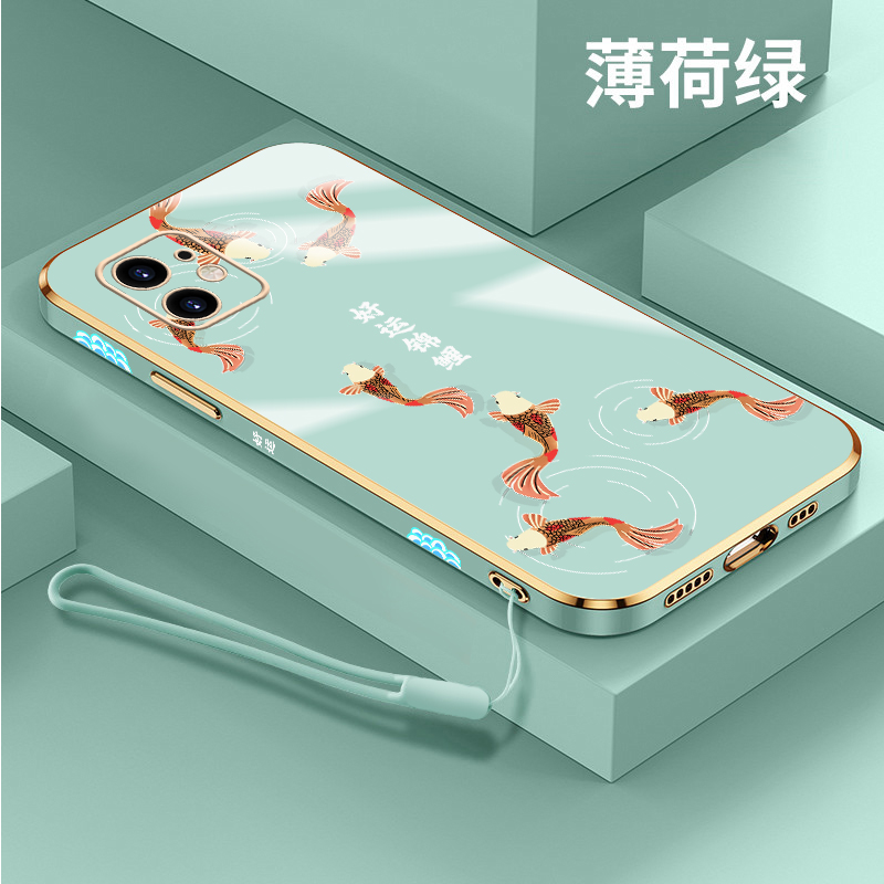 好运锦鲤苹果12手机壳新年12promax软壳电镀直边硅胶12mini新年中国风12pro镜头全包男女情侣保护套挂绳