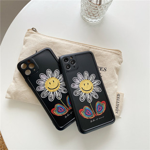 黑色太阳花ins风插画苹果11手机壳iphoneXR可爱卡通7/8plus情侣XS少女心ProMax男款精准孔摄像头全包硅胶防摔