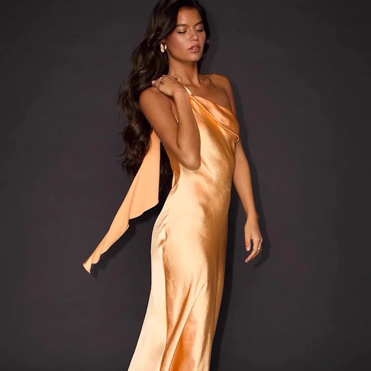 纯元 美式小众1u1us 缎面飘带单肩长裙名媛风穿搭气质鱼尾连衣裙