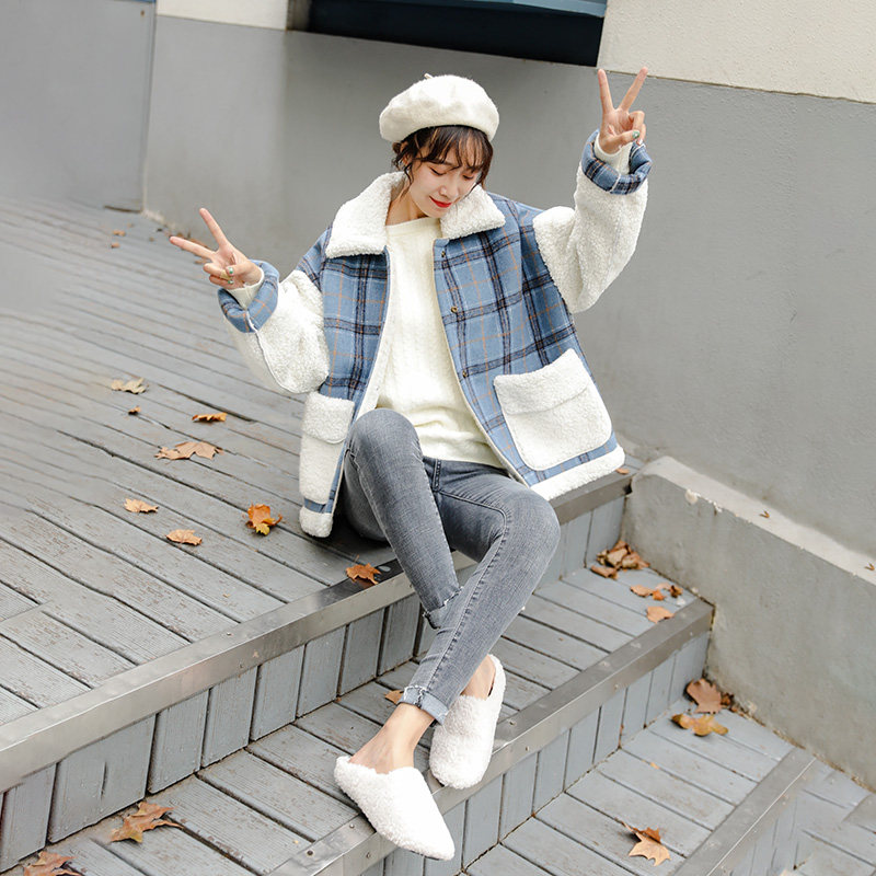 仙蓓丽格子羊羔毛外套女短款冬2019新款棉衣东大门韩版宽松棉服潮