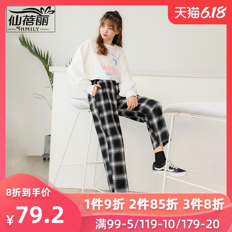 仙蓓丽格子毛呢阔腿裤女高腰秋冬裤子女2019新款宽松休闲直筒裤潮