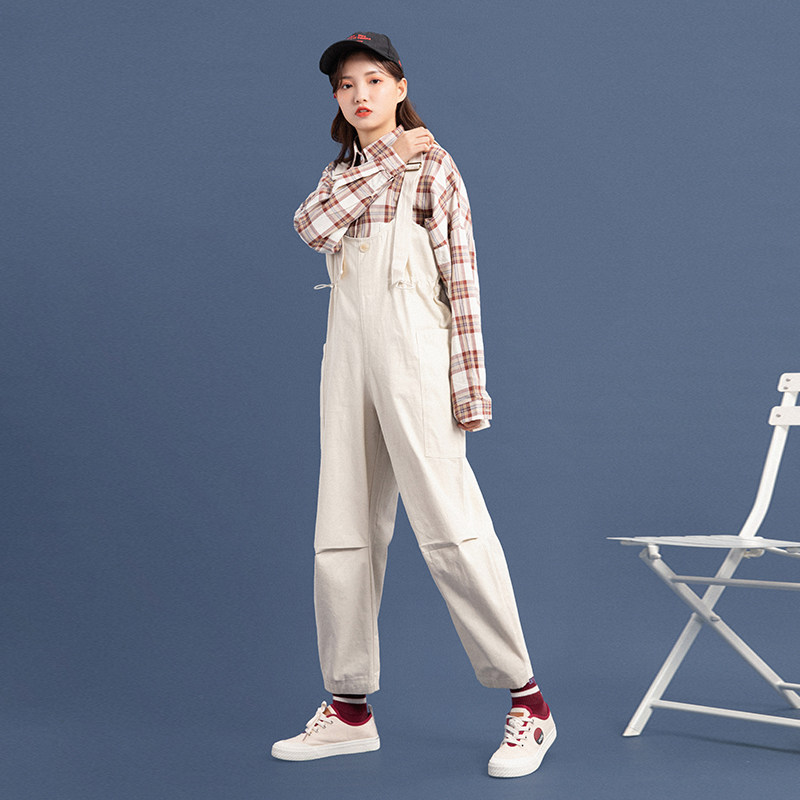 仙蓓丽 牛仔背带裤女宽松春秋新款韩版学生百搭翻边阔腿休闲裤潮