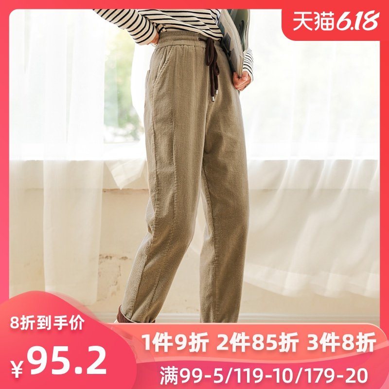 仙蓓丽灯芯绒休闲裤女秋冬裤子女直筒系带显瘦高腰直筒裤奶奶裤女