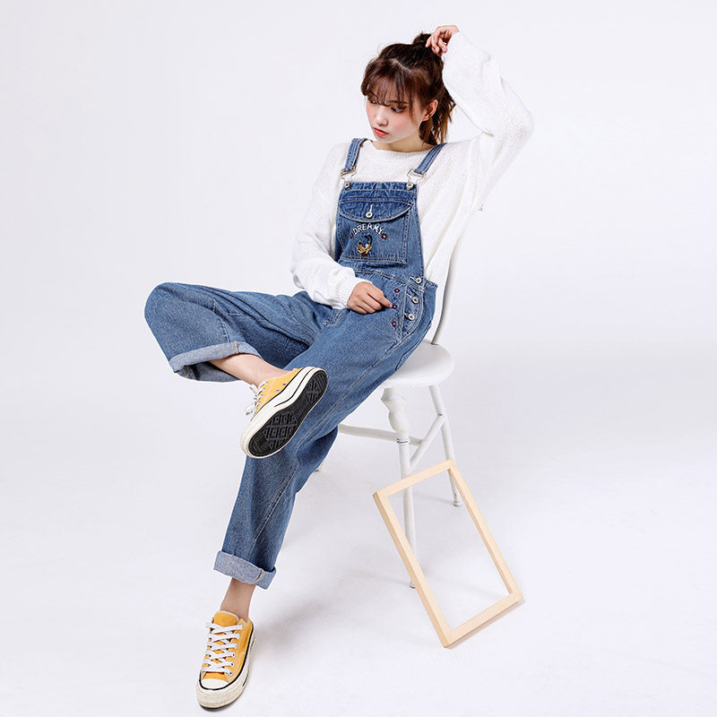 仙蓓丽ins超火的牛仔背带裤女2020韩版宽松学生秋阔腿裤减龄长裤