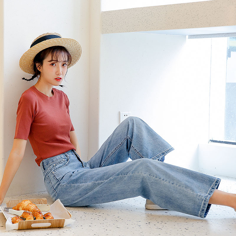 仙蓓丽高腰牛仔阔腿裤女夏季薄款宽松直筒泫雅垂感学生百搭九分裤