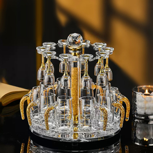 中式高脚金箔白酒杯小高脚杯一口杯带把分酒器旋转杯架套装