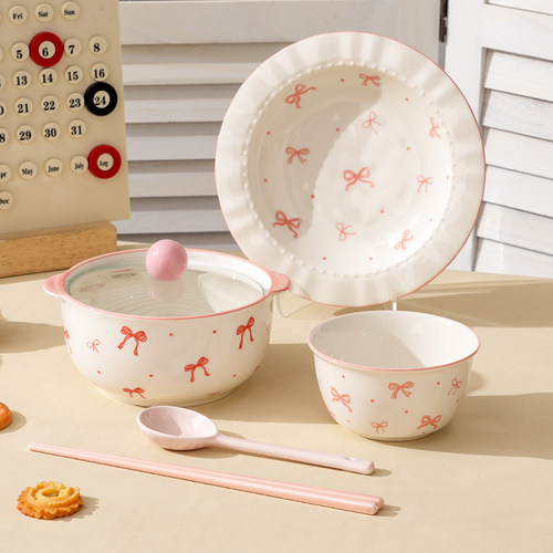 烘焙泡面碗带盖套装学生宿舍用方便面碗饭碗双耳陶瓷汤碗螺蛳粉碗