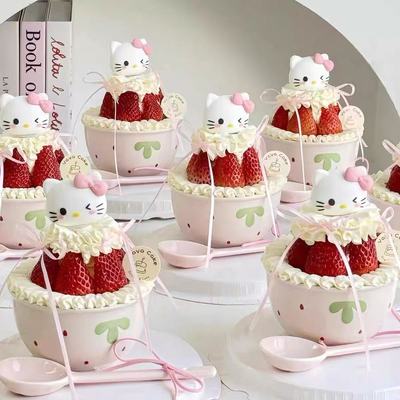 2025网红圣诞节新年草莓碗蛋糕装饰元旦kt猫新年陶瓷碗甜品插件