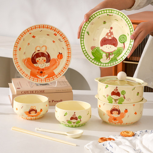 烘焙泡面碗带盖套装学生宿舍用方便面碗饭碗双耳陶瓷汤碗螺蛳粉碗