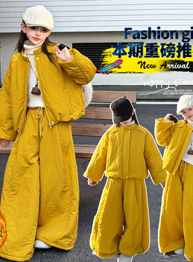 女童冬装黄色棉服套装大童女孩韩系休闲加厚保暖棉衣阔腿棉裤冬款