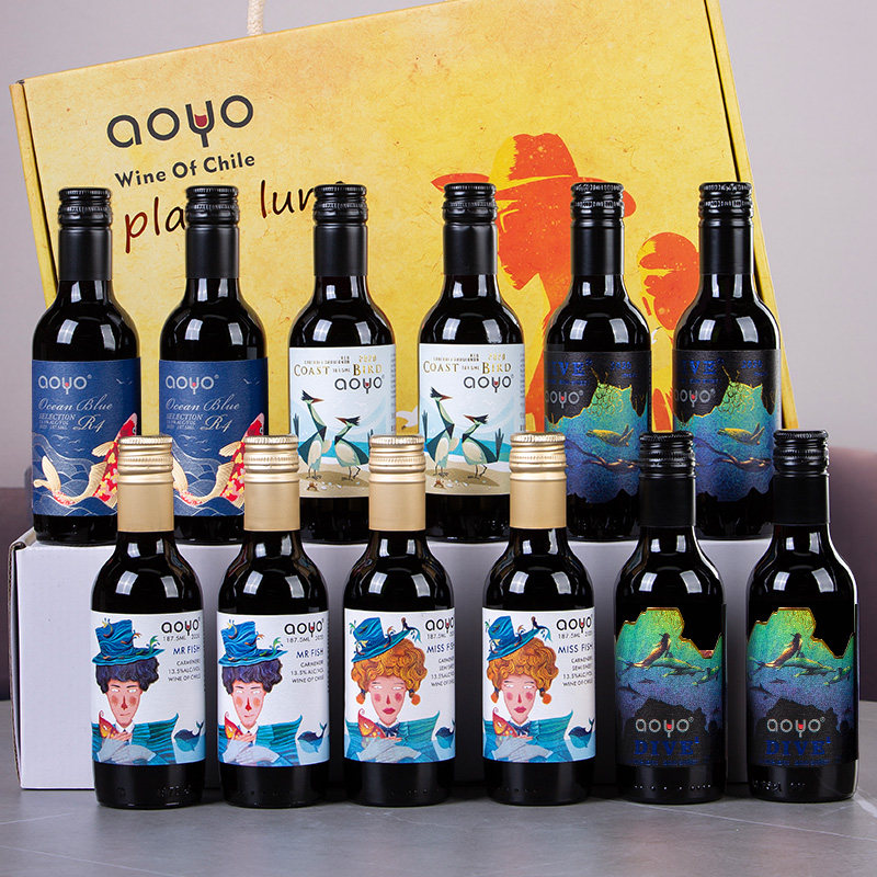 傲鱼红酒智利原瓶进口干红葡萄酒赤霞珠佳美娜小瓶礼盒装