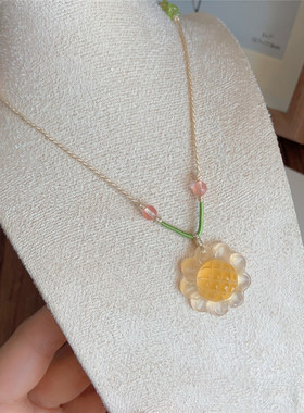 向阳而生天然蜜糖玛瑙玉髓吊坠向日葵项链女生清新风花朵项链饰品