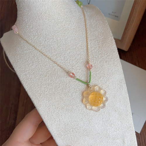向阳而生天然蜜糖玛瑙玉髓吊坠向日葵项链女生清新风花朵项链饰品