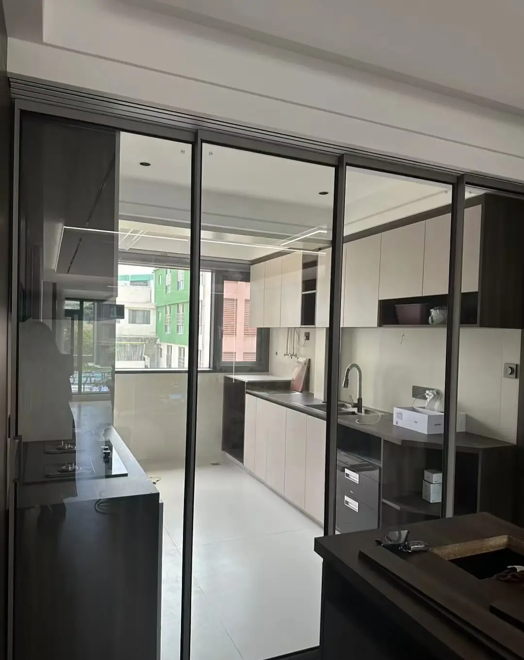 opk欧派克完镁系统厨房极窄推拉门阳台吊轨三联动铝合金移门