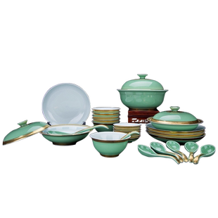 宝瓷林 豆青二十六头餐具 景德镇瓷器家用高档陶瓷礼品颜色釉中式