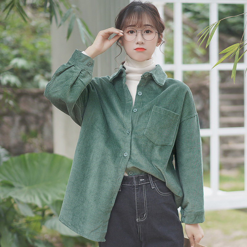 复古港味加厚中长款灯芯绒衬衫女士2020秋冬新款长袖宽松衬衣外套