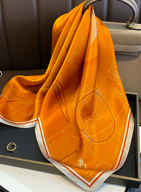 复古马车橙色真丝围巾100%桑蚕丝丝巾女秋冬天新款70CM小方巾披肩