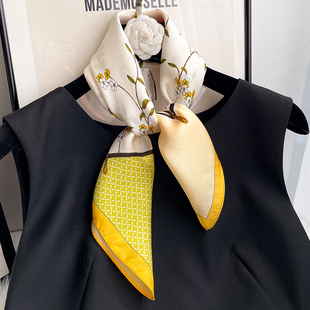 2025新款桑蚕丝真丝小方巾女夏百搭黄色碎花颈饰薄款丝巾围巾绑包