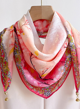 中国风磁吸扣方巾70粉色小丝巾春秋薄款护颈围巾女高级感项链丝巾