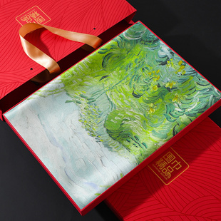 绿色油画真丝旗袍丝巾女春秋桑蚕丝绸长围巾礼盒妈妈礼物披肩外搭