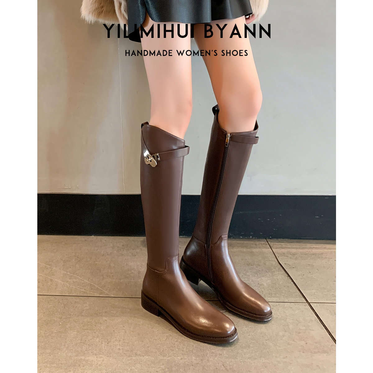 一力米灰 辣妹出街~！粗跟高筒骑士靴斜口大筒围瘦腿不过膝长靴女