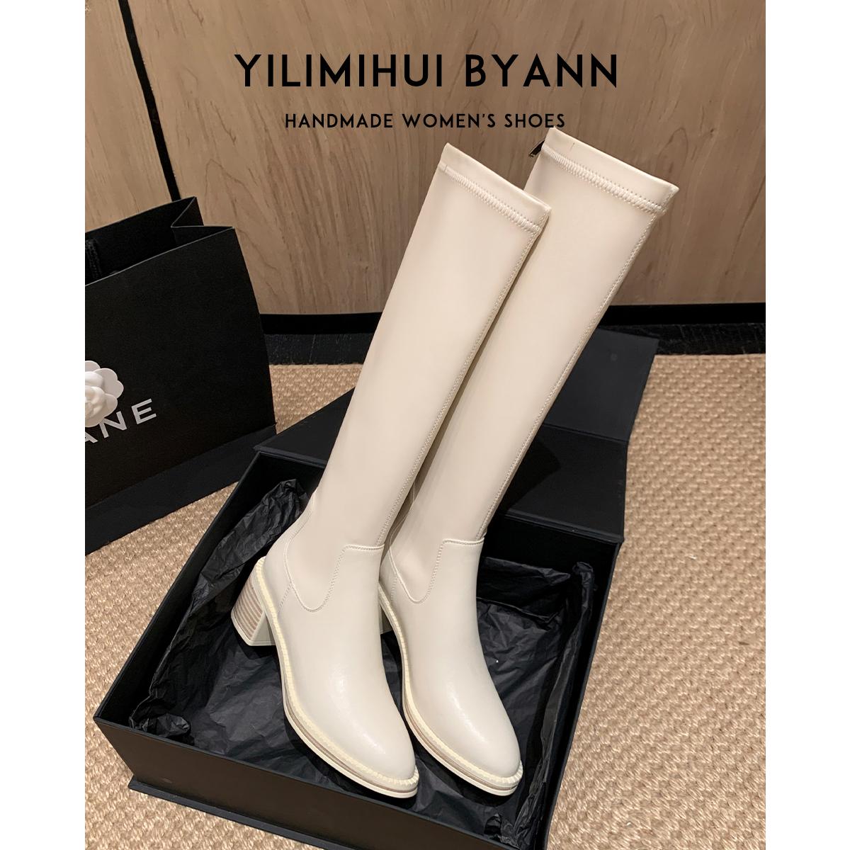 一力米灰韩版骑士靴粗跟