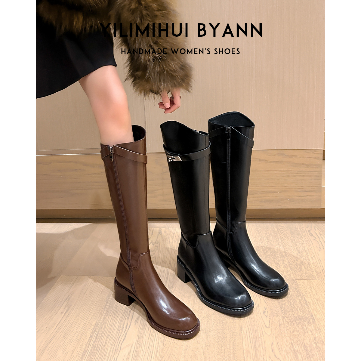 一力米灰骑士靴锁扣设计