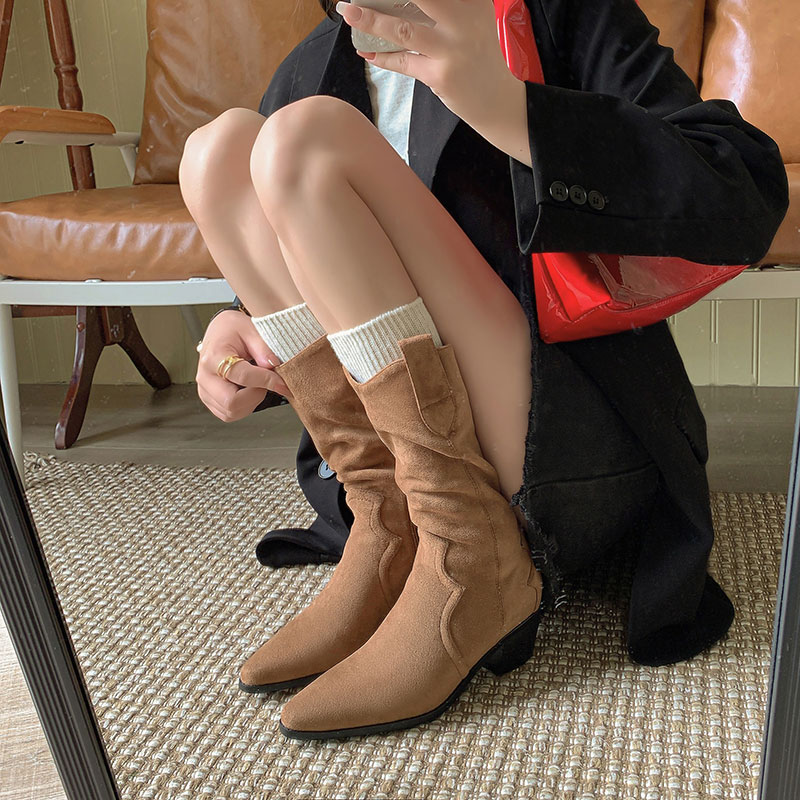 一力米灰尖头中筒粗跟西部靴