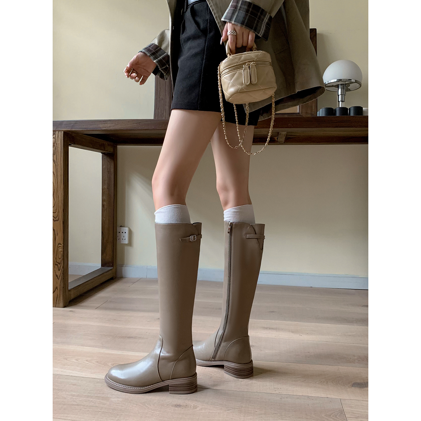 一力米灰2025年新款女靴时装靴圆头百搭女靴高筒靴子长筒靴舒适靴