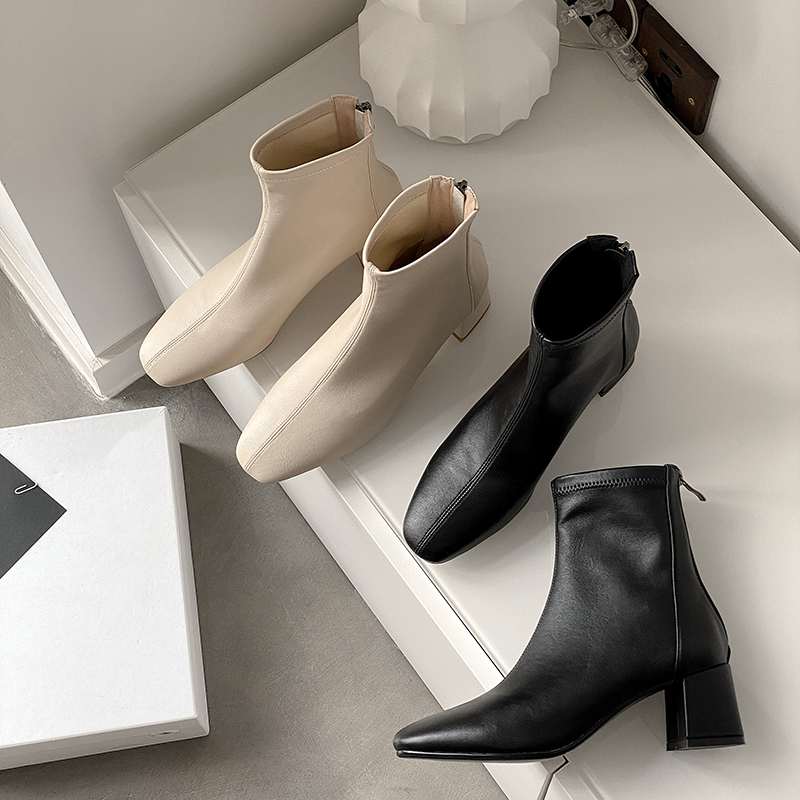 一力米灰方头后拉链粗跟短靴
