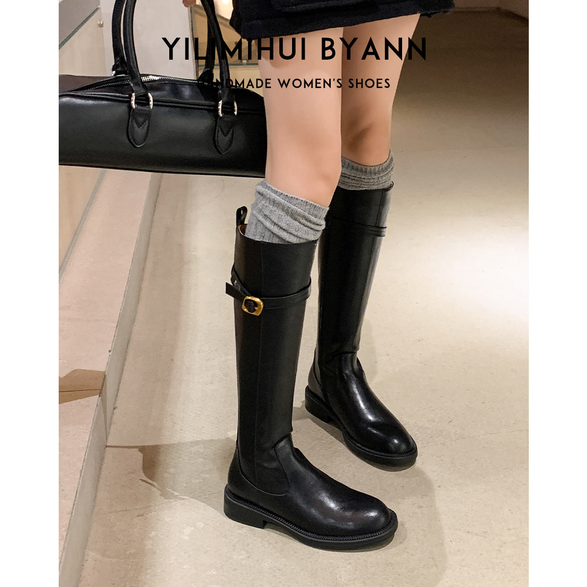 一力米灰 腿精er~！高筒骑士长靴真皮2025冬季新款圆头不过膝靴女,女鞋,骑士靴,淘宝优惠券,粉丝福利购,淘宝优惠卷